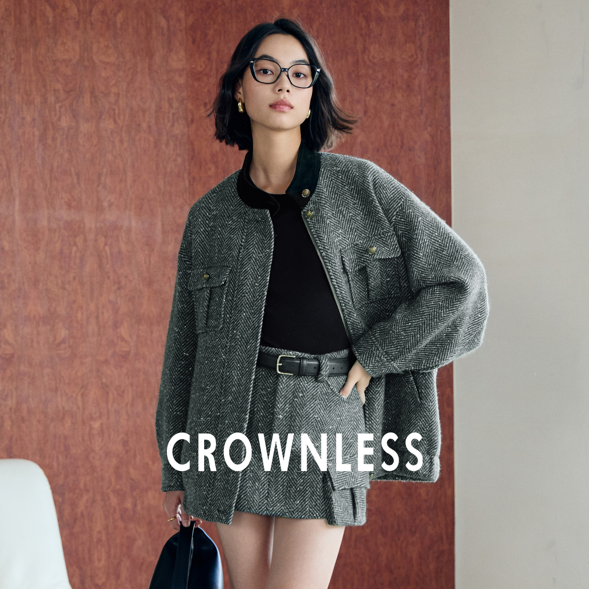 人字纹混色毛呢灯芯绒立领工装