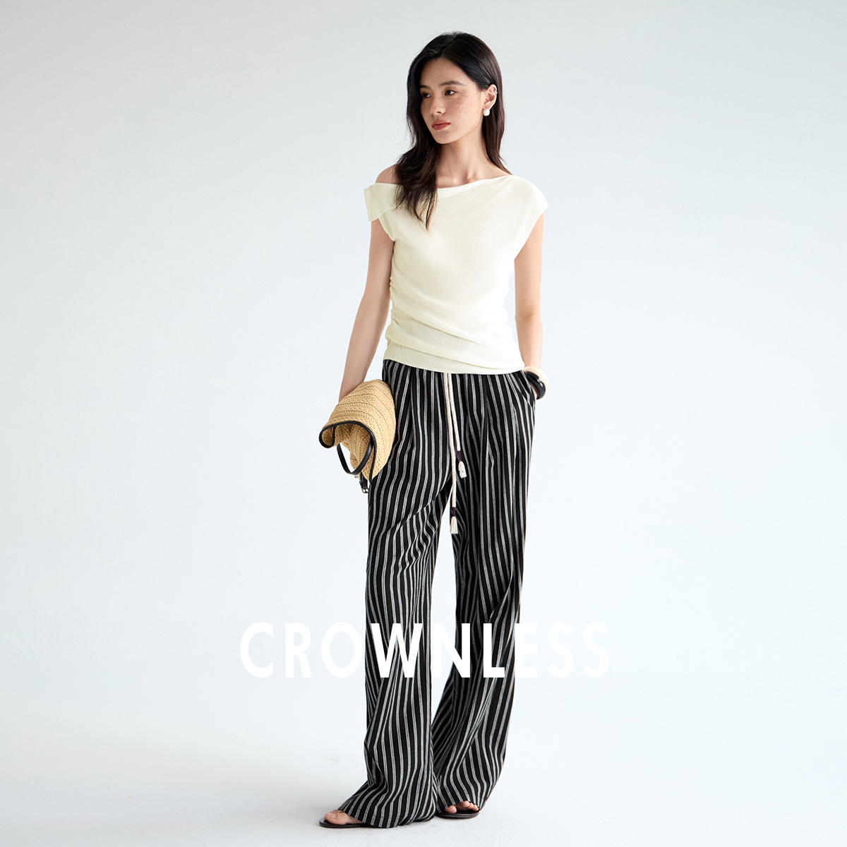 棉麻色织条纹编织抽绳撞色阔腿裤