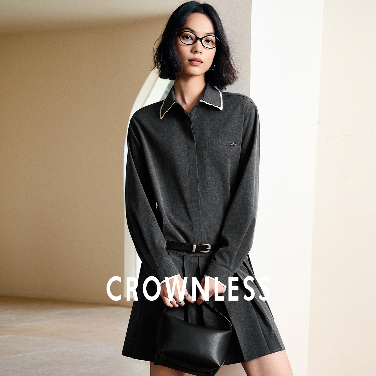 撞色毛边低腰腰带连衣百褶裙