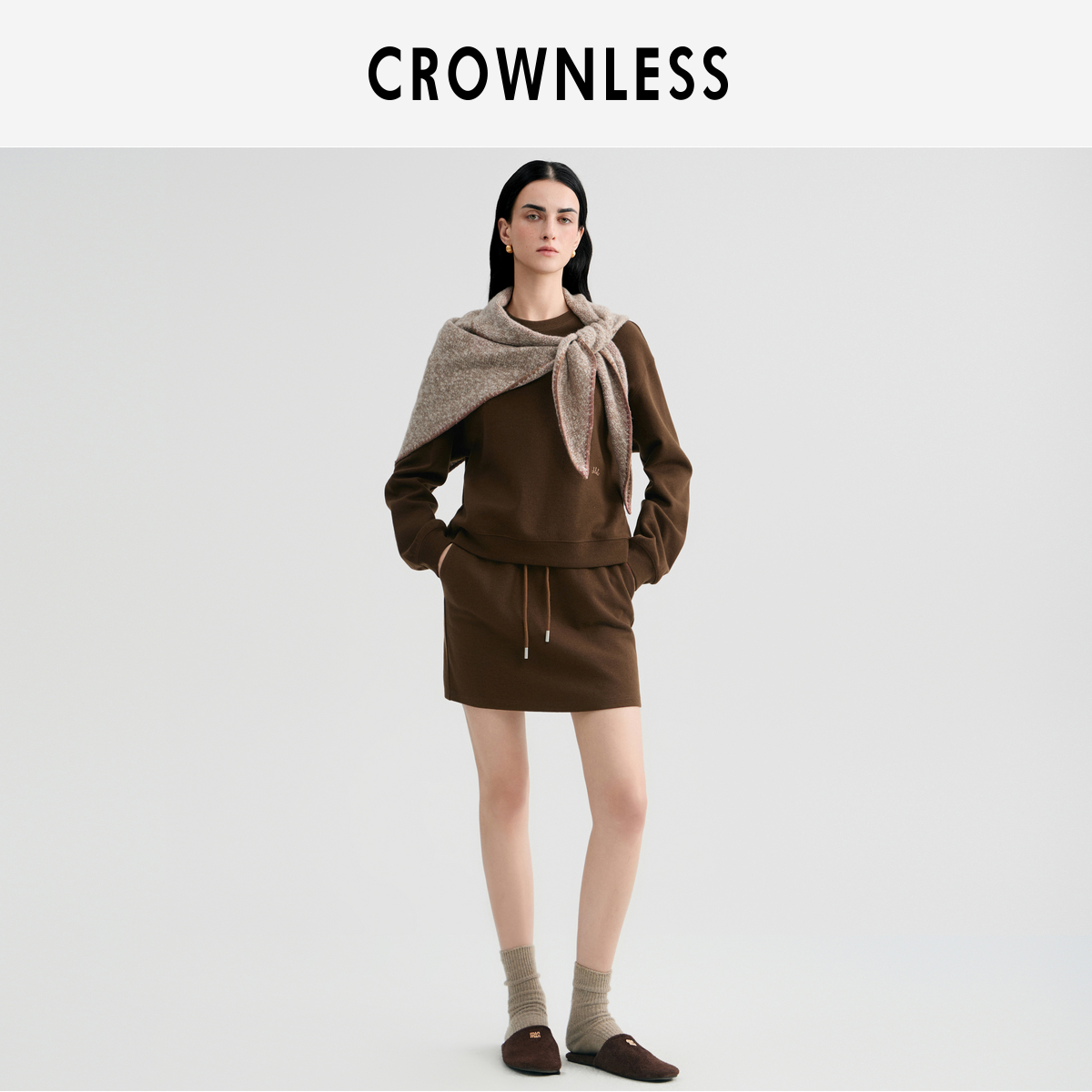 棉混纺抽绳橡筋腰显瘦半身短裙