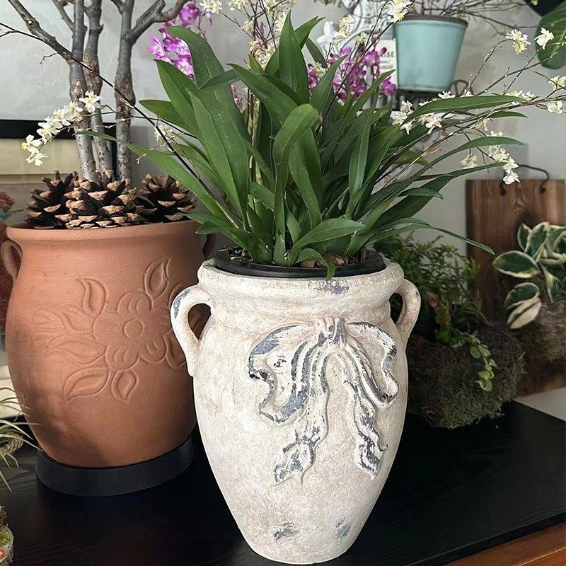 新手工红陶粗陶土花盆双耳罐子A浮雕蝴蝶结复古做旧高级创意透气,家居饰品,花盆,淘宝优惠券,粉丝福利购,淘宝优惠卷