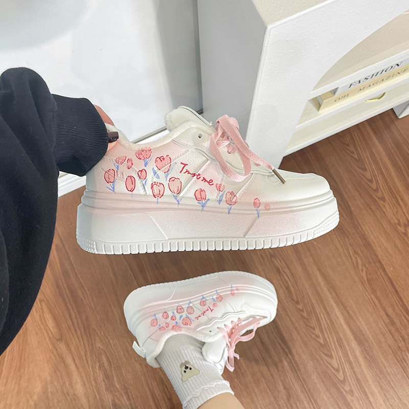 回力加绒厚底小白鞋女花朵印花原创设计休闲板鞋百搭面包鞋学生鞋