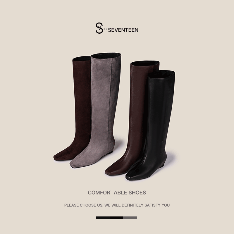 SV17内增高时尚气质长靴女尖头高筒长筒靴百搭秋冬大筒围西部靴