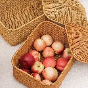 水果圆形零食篮子藤编带盖收纳筐首饰化妆品玩具收纳箱仿藤编织蓝