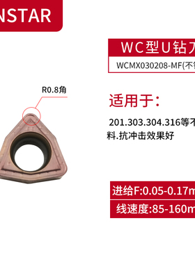 U钻刀片快速钻喷水钻WCMX/GT040208数控刀粒暴力钻桃形不锈钢刀片