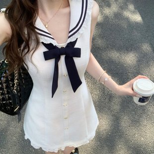 法式 裙子女 白月光海军领蝴蝶结连衣裙夏季 甜美学院风减龄无袖