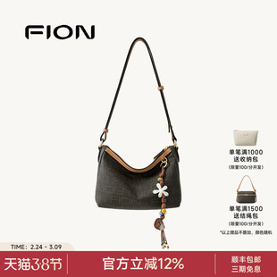 Fion/菲安妮女包2026新款老花通勤单肩斜挎包复古时尚女式hobo包