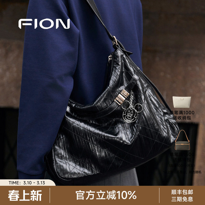Fion/菲安妮迪士尼米奇合作音符托特包真皮大容量女通勤斜挎包包