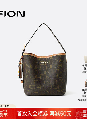 Fion/菲安妮包包女式2025新款小众老花通勤单肩斜挎包手提水桶包