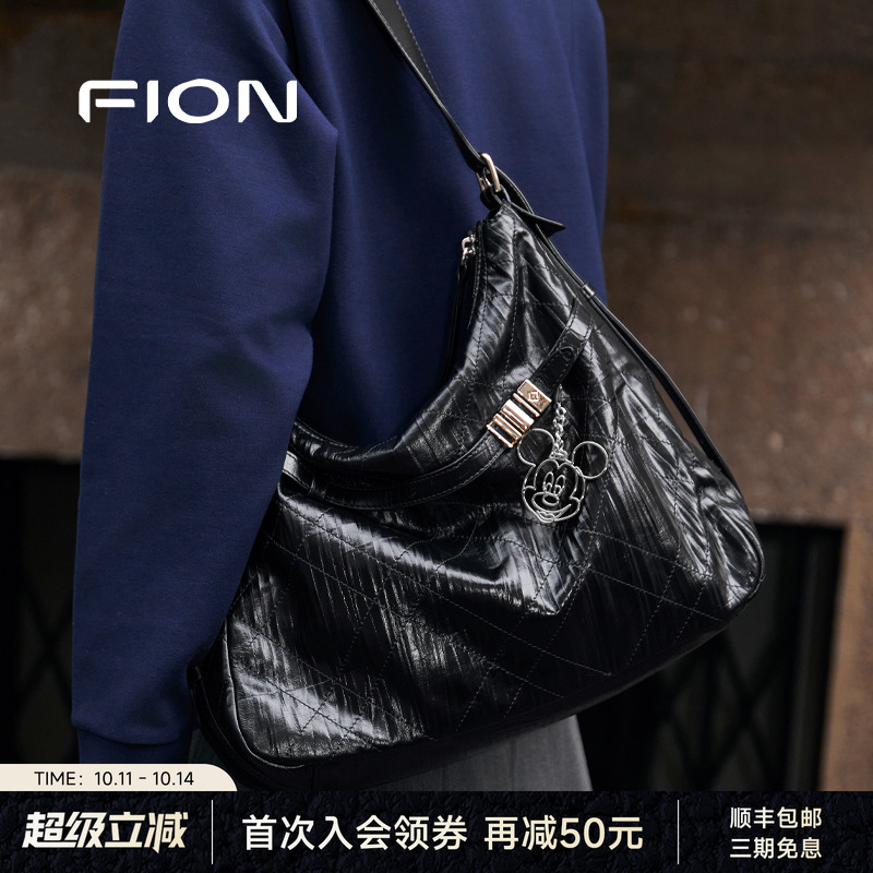 Fion/菲安妮迪士尼米奇合作音符托特包真皮大容量女通勤斜挎包包