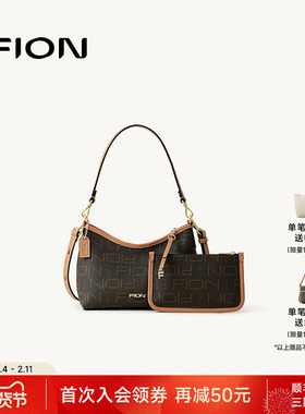 Fion/菲安妮新款老花托特包女式大容量通勤单肩斜挎包流浪腋下包