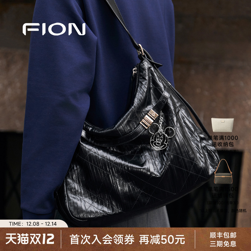 Fion/菲安妮迪士尼米奇合作音符托特包真皮大容量女通勤斜挎包包