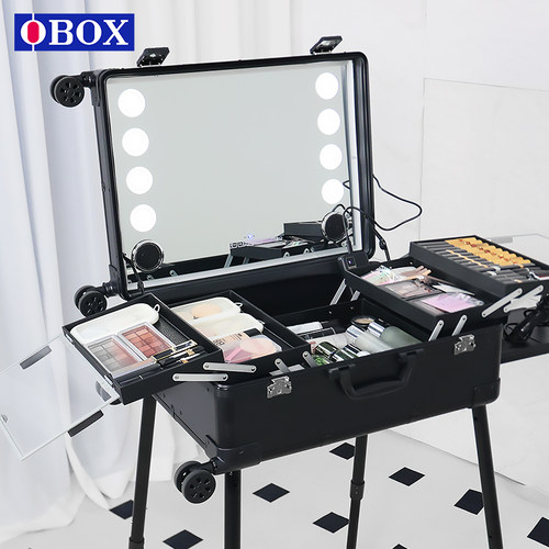 OBOX复合板万向轮专业化妆箱带灯