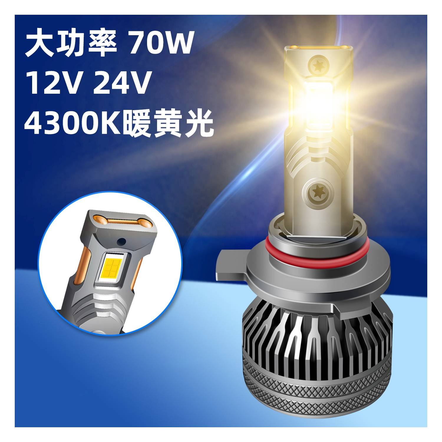 300k暖黄光车灯大功率双铜管汽车l4ed大灯黄光712V24VHH1H4h11
