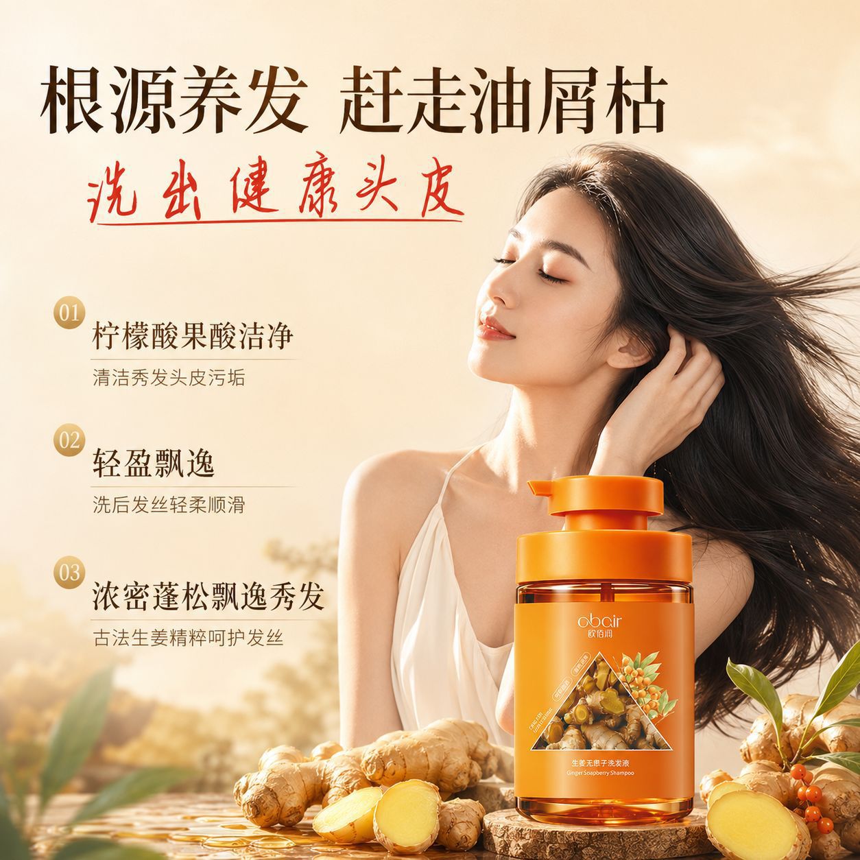 欧佰润植物养发生姜无患子精华草本植萃洗发皂液柔顺洗发水正品