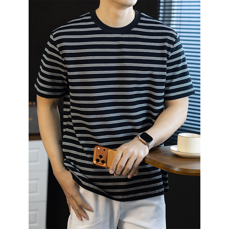 210G重磅丝光棉黑白条纹针织短袖T恤男春夏2026新款半袖宽松休闲,男装,T恤,淘宝优惠券,粉丝福利购,淘宝优惠卷