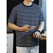 210G重磅丝光棉条纹短袖 潮 宽松休闲海魂衫 T恤男春夏2026新款 半袖