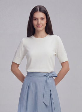 VER TOW羊毛桑蚕丝五分袖针织衫 2026春夏圆领显瘦通勤女T恤上衣