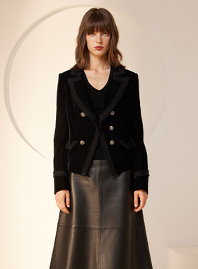 「断码清仓」VER TOW 春季修身显瘦黑色丝绒编织西装百搭外套上衣