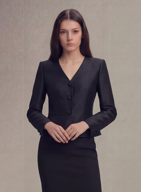 VER TOW 26春新品 黑色羊毛桑蚕丝收腰V无领小西装 轻奢短外套