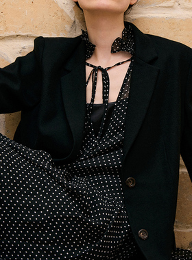 【新年5折】VER TOW黑色羊毛微阔型西装外套 设计师通勤西服女