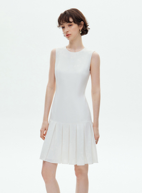 【断码清仓】VER TOW雅白色/藏青色醋酸无袖百褶连衣裙女气质裙子