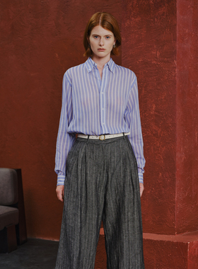 VER TOW 浅蓝色条纹衬衫简约百搭慵懒舒适休闲长袖通勤棉质上衣