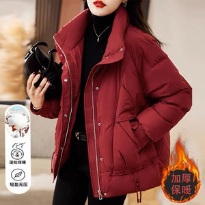 红色羽绒棉服女2024新款时尚宽松显瘦加厚保暖设计感小众百搭棉衣