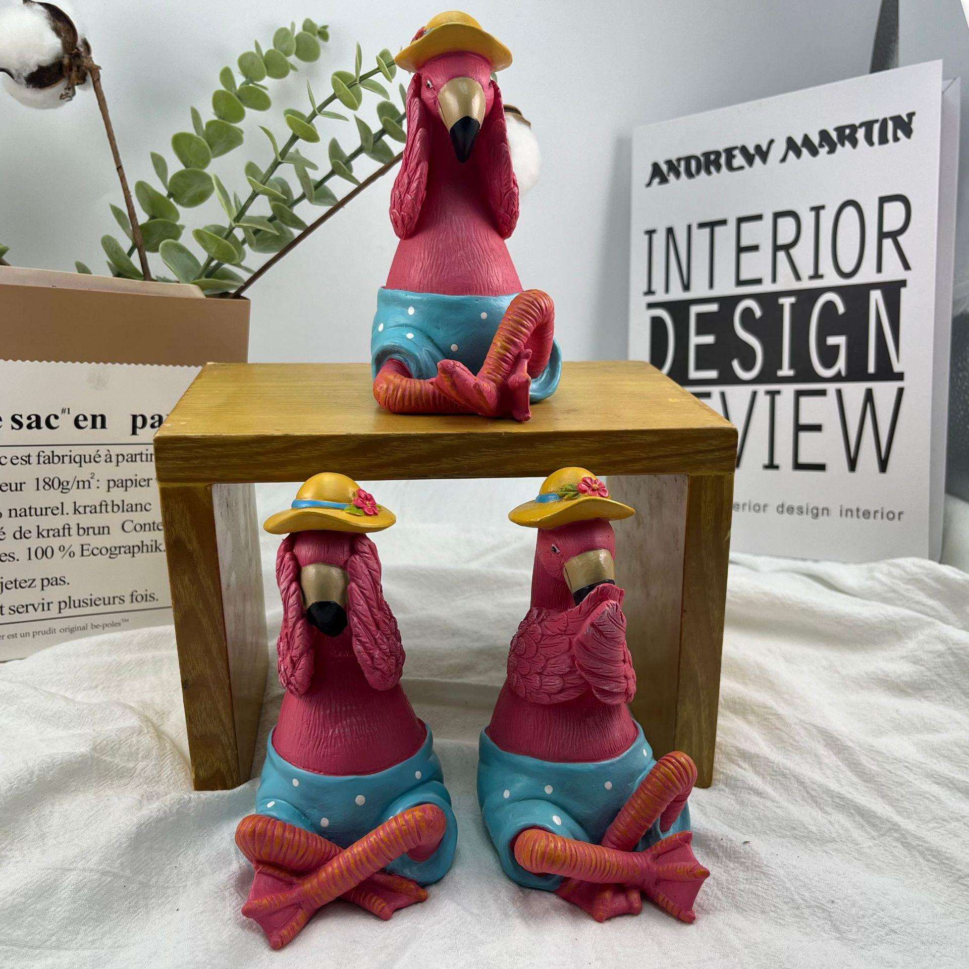 不看不听不说可爱火烈鸟造型树脂工艺品 摆件桌面书房酒柜摆