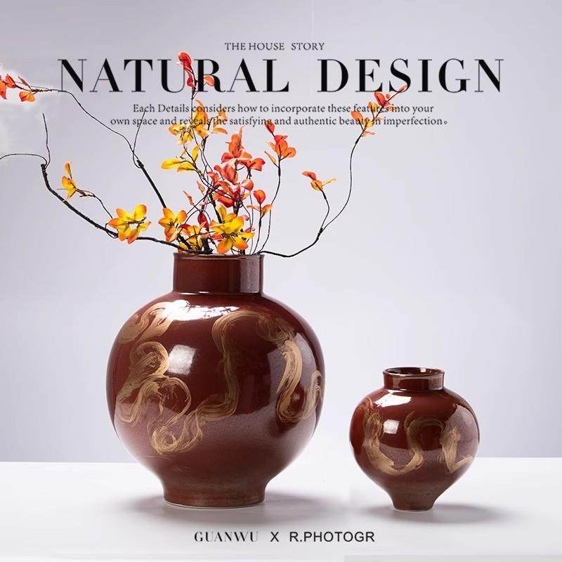 新中式红色描金艺术陶瓷花瓶客厅电视柜卧室高级感装饰摆件