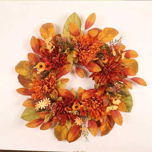 秋色感恩节枫叶花环仿真花秋菊装饰花圈藤圈壁挂万圣感恩节装饰品