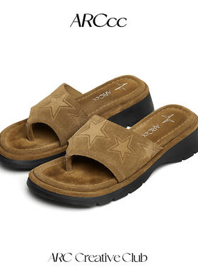 ARCcc WMNS S03真皮星星夹脚拖鞋 增高休闲凉鞋 一脚蹬人字拖