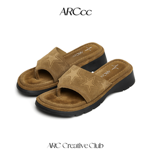 ARCcc WMNS S03真皮星星夹脚拖鞋 增高休闲凉鞋 一脚蹬人字拖