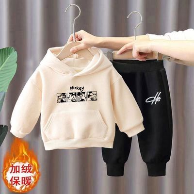 2024秋冬新款中小童百搭休闲两件套加绒加厚印花女童男童带帽卫衣