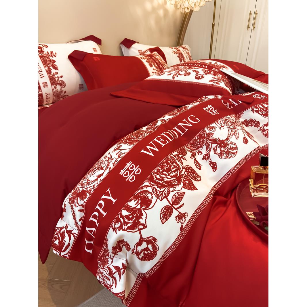 简约时尚结婚四件套大红色被套婚房陪嫁床单高档婚庆床上用品喜被