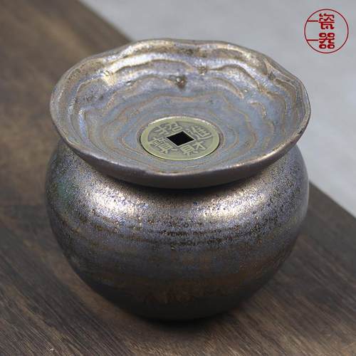 粗陶铜钱壶承建水茶洗带盖子中式水盂水缸可储水陶瓷茶渣缸干泡台