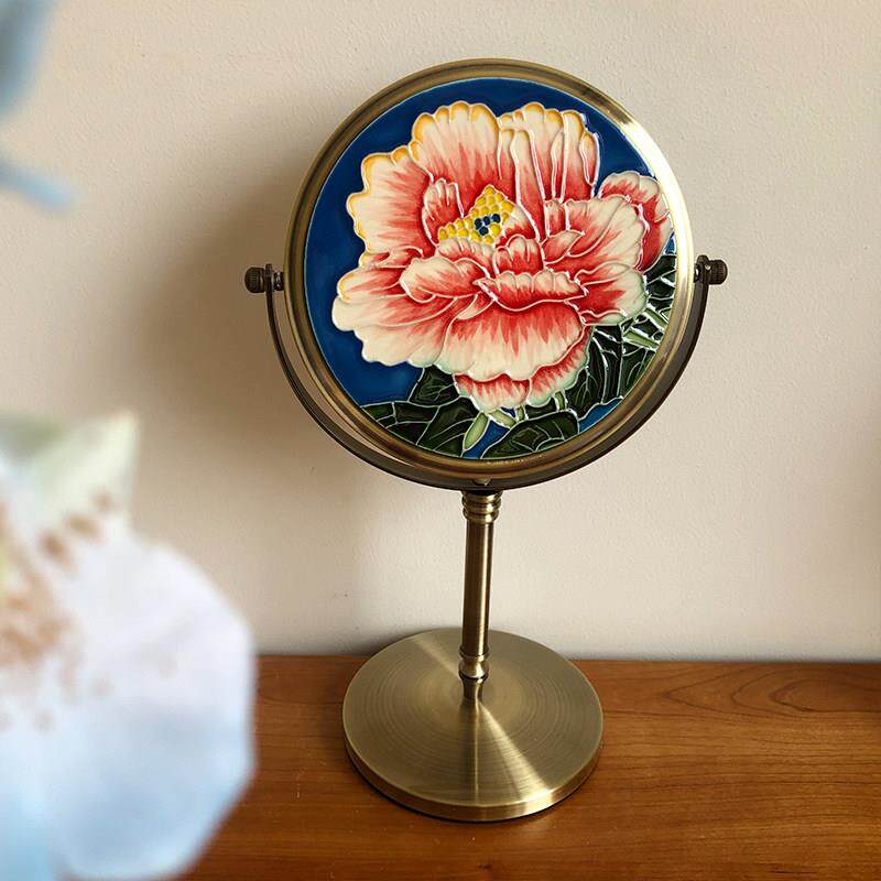 文创生活摆件创意台式高清化妆镜瓷板画 画桌面化妆台镜子360度旋