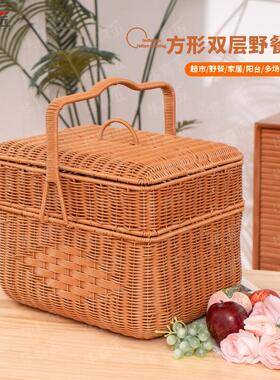 W086彷藤编带盖双层收纳筐田园购物篮水果零食手提篮菜蓝野餐篮