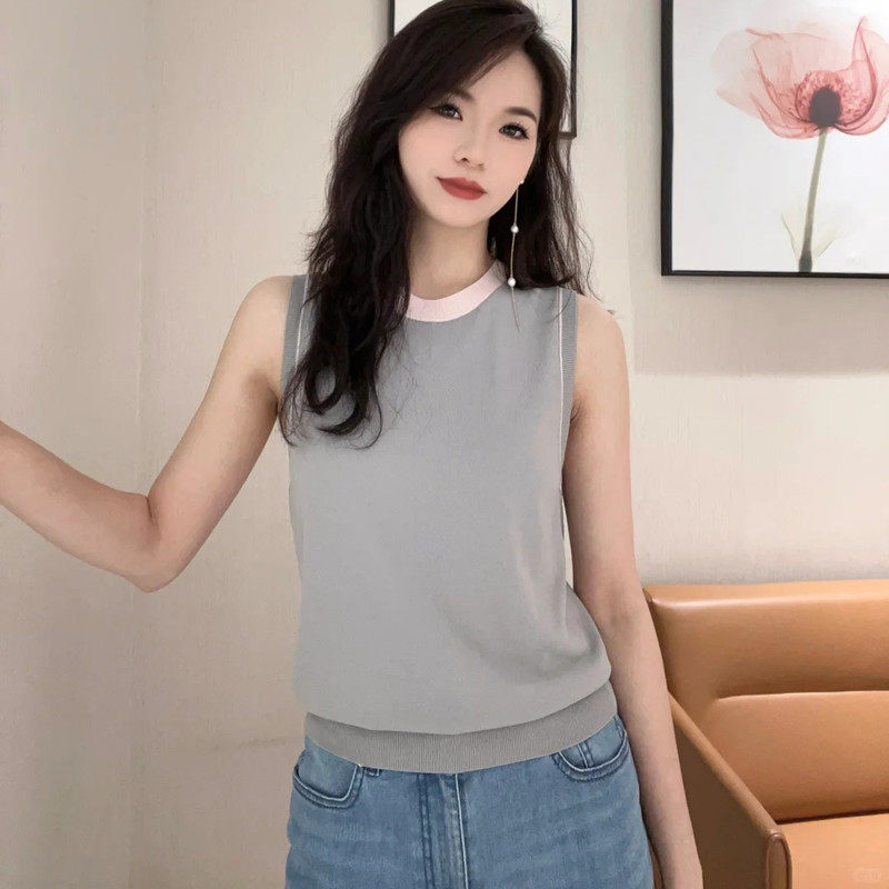 专柜商场同款阿玛施2025夏季新款拼色无袖修身冰丝针织背心女上衣