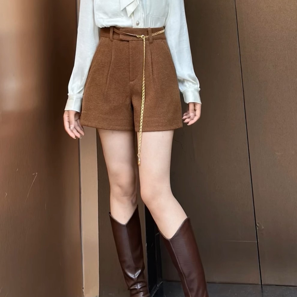 阿玛施羊毛呢直筒阔腿休闲短裤女