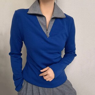 阿玛施女装2025秋冬季新款简约翻领复古气质休闲长袖卫衣T恤女