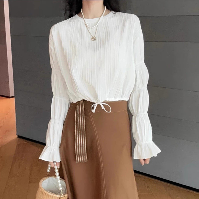 阿玛施女装正品2026春夏季新款薄款喇叭袖气质白色长袖衬衫女上衣