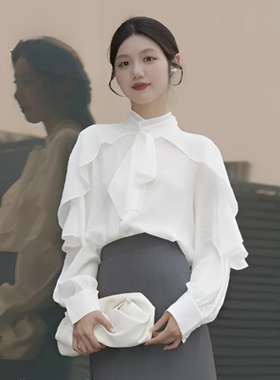 阿玛施女装正品2026春夏季新款休闲荷叶边立领白色长袖衬衫女上衣