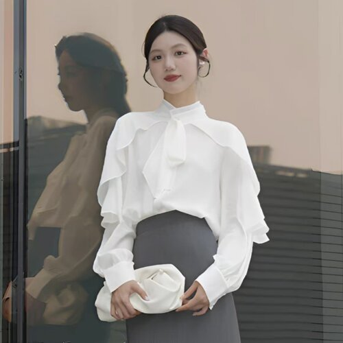 阿玛施荷叶边立领白色长袖衬衫女