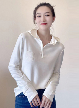 商场同款阿玛施2025秋季新款德绒连帽白色长袖T恤衫卫衣女短外套
