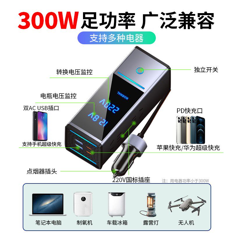 车载充电器12V24V转220V逆变转换器汽车大功率电源点烟器插头快充