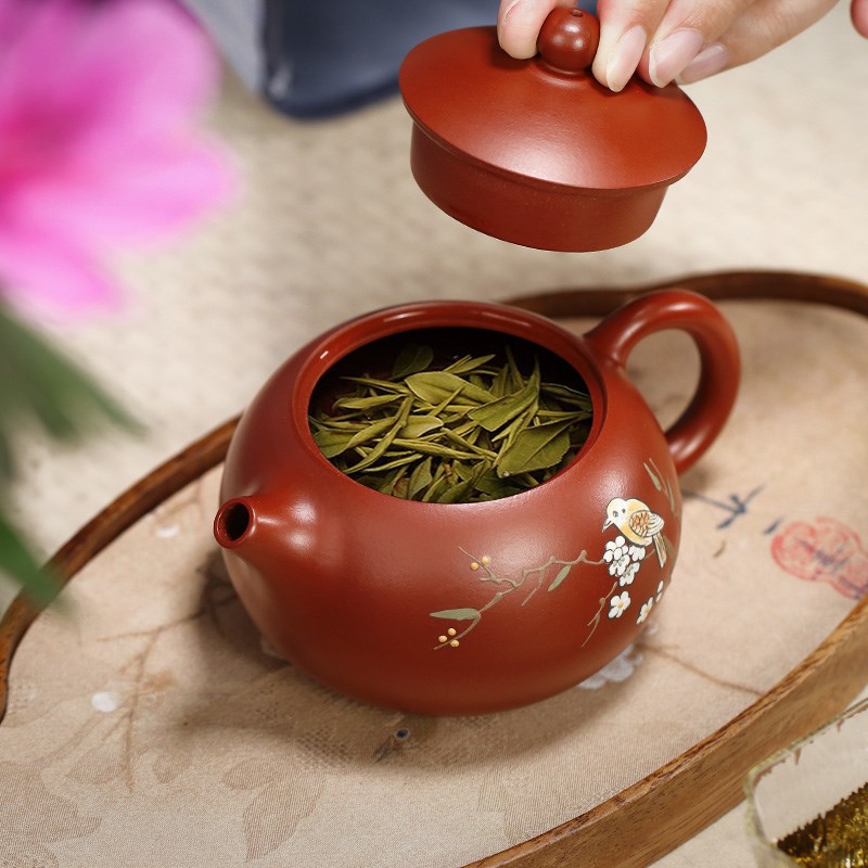 宜兴紫砂壶纯手工泥绘花鸟功夫茶具原矿大红袍家用泡茶壶西施壶