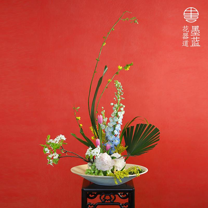 手工粗陶瓷刻纹斗笠碗复古磨砂特大圆盘中式插花盆客厅玄关摆件