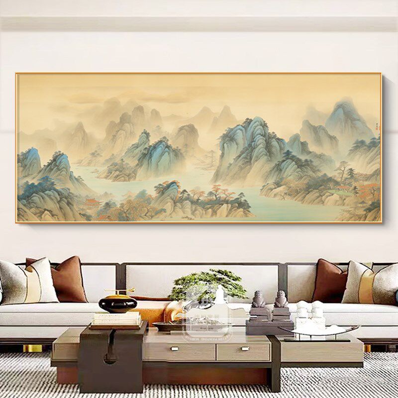 千里江山图客厅挂画横版背有靠山壁画新中式沙发背景墙山水装饰画