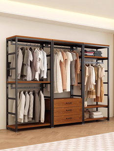 开放式金属衣柜衣帽架落地置物架钢木组合转角衣柜家用组合置物架